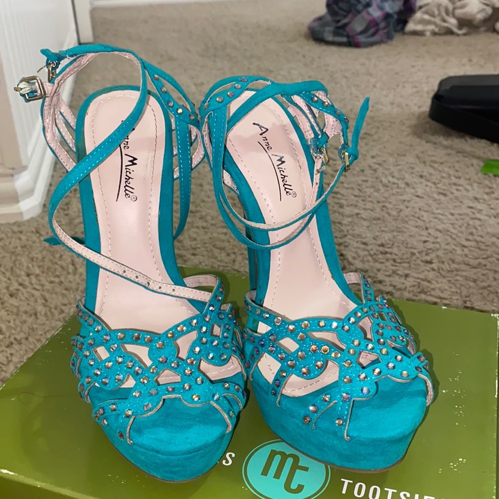Anne Michelle Turquoise Bedazzled Heels